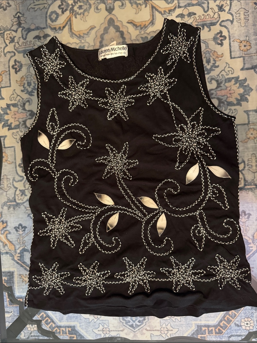 Lauren Michelle Black Tank with White Floral Stitching and Leaf Appliqués